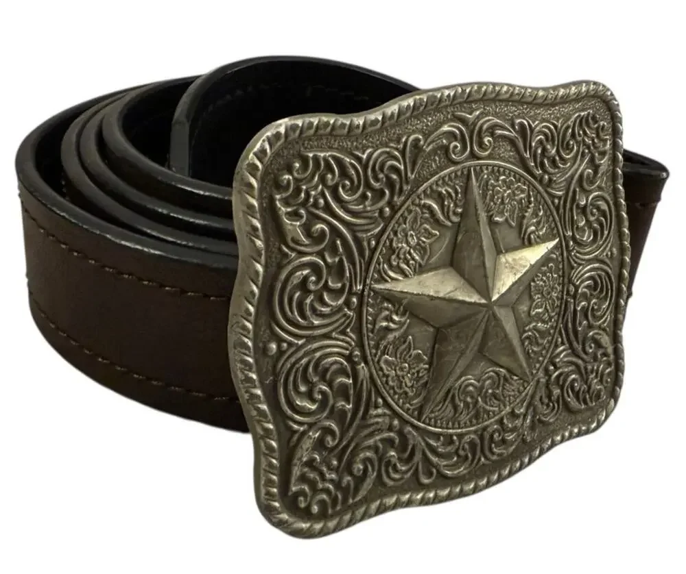 Men’s Western Brown Leather Belt Silver Texas Star Buckle Cowboy Rodeo Size 44